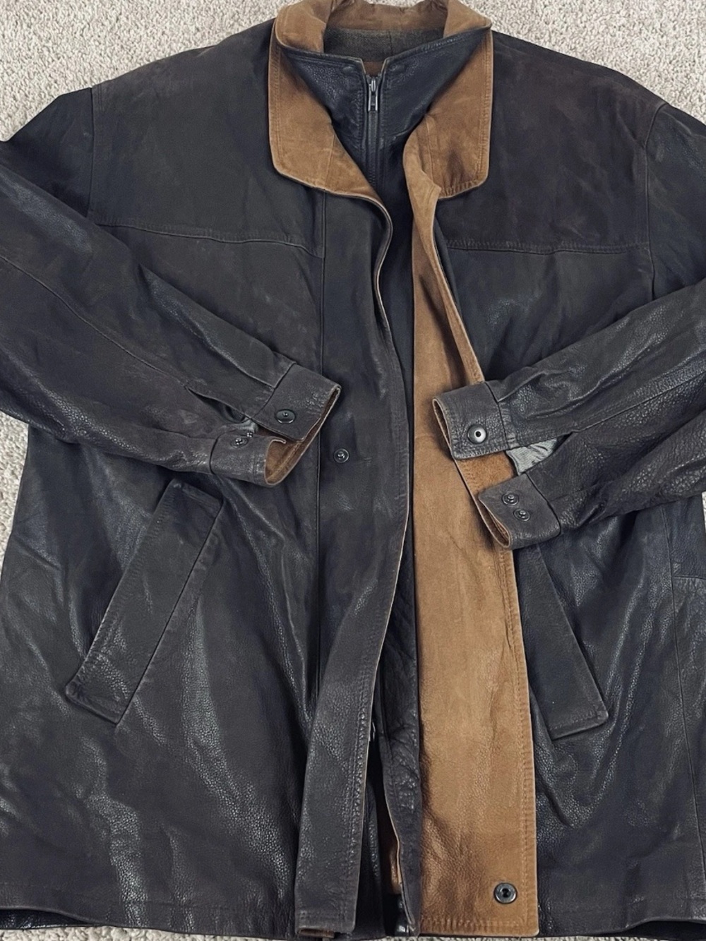 Vintage Remy Leather Jacket 40 Black Brown Zip Double Collar USA Made Lined 90s